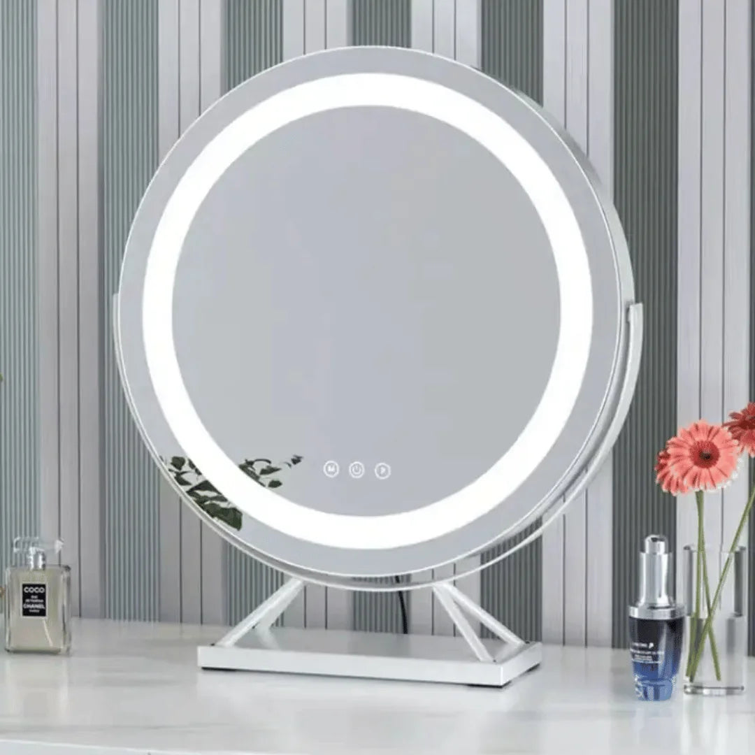 Miroir de Vanité LED Portable Rechargeable 50cm Ronde avec Éclairage Réglable – Blanc