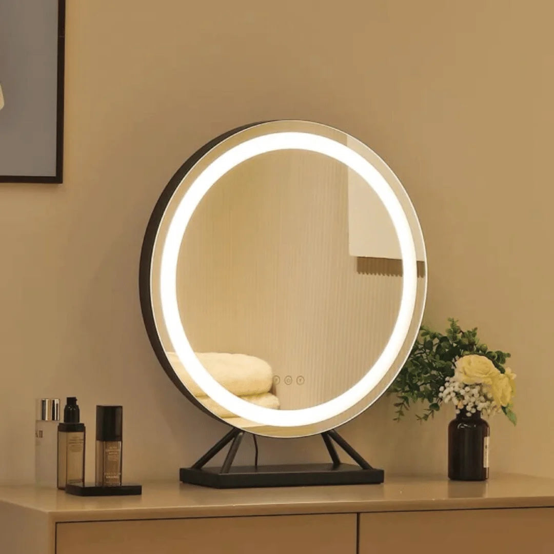 Miroir de Vanité LED Portable Rechargeable 50cm Ronde avec Éclairage Réglable – Noir