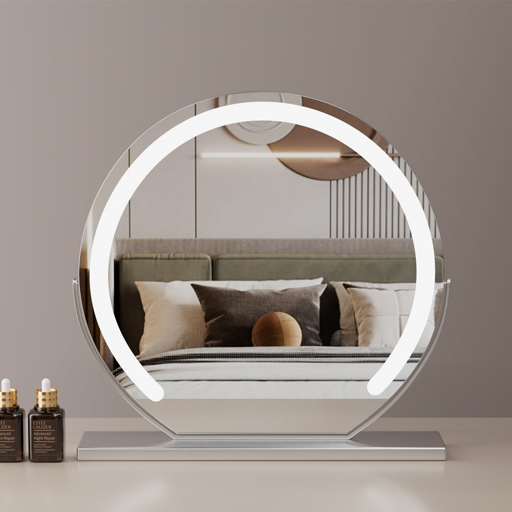 Grand Miroir de Vanité LED Ronde 24” – 3 Modes d'Éclairage, Régulation Continue et Rotation de 360°, Argent