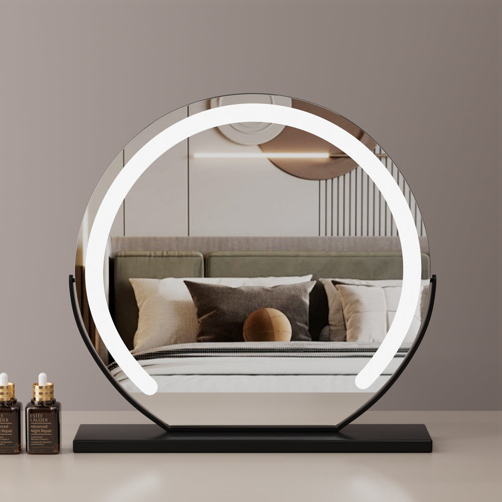 Grand Miroir de Vanité LED Ronde 24” – 3 Modes d'Éclairage, 360° de Rotation et Régulation de la Luminosité, Noir