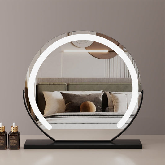 Grand Miroir de Vanité LED Ronde 24” – 3 Modes d'Éclairage, 360° de Rotation et Régulation de la Luminosité, Noir