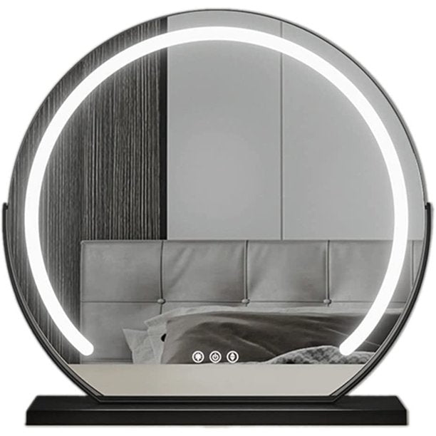 Grand Miroir de Vanité LED Ronde 24” – 3 Modes d'Éclairage, 360° de Rotation et Régulation de la Luminosité, Noir