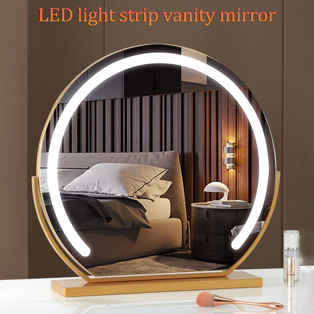 Grand Miroir de Vanité LED Ronde 24” – 3 Modes d'Éclairage, 360° de Rotation et Régulation de la Luminosité, Noir