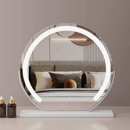 Grand miroir de coiffeuse rond 60 cm blanc - Éclairage LED, 3 modes couleur, rotation 360°, luminosité réglable