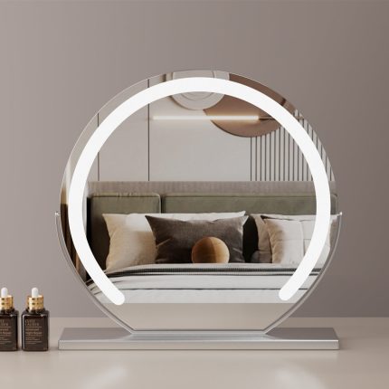 Grand miroir de coiffeuse rond 60 cm argent - Éclairage LED, 3 modes couleur, rotation 360°, luminosité réglable
