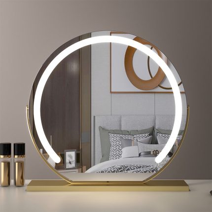 Grand miroir de coiffeuse rond 24 pouces or - Éclairage à bande LED, 3 modes de couleur, rotation 360°, luminosité réglable