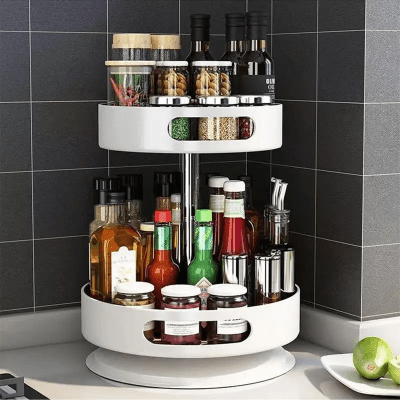 Rangement cuisine plateau tournant étagère à épices double niveau robuste- blanc