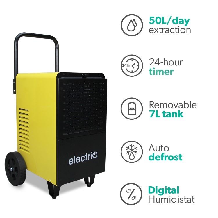 electriQ 50L Industrial Portable Dehumidifier with Metal Body and Wheels - Image 2